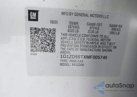 2021 Chevrolet Malibu Fwd Lt z USA, uszkodzony, nr VIN 1G1ZD5STXMF005749